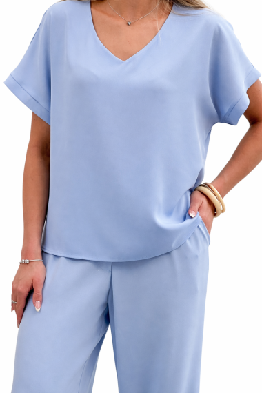 Bluzka Damska Elegancka V-neck Luźna Wizytowa Krótki Rękaw Premium - błękit